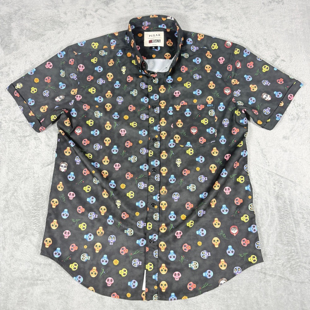 RSVLTS Mens XL Pixar Coco Calavera KUNUFLEX Short Sleeve Button Down Shirt